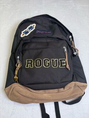 Jansport Black Backpack with Brown Suede Base and 'ROGUE' Embroidery
